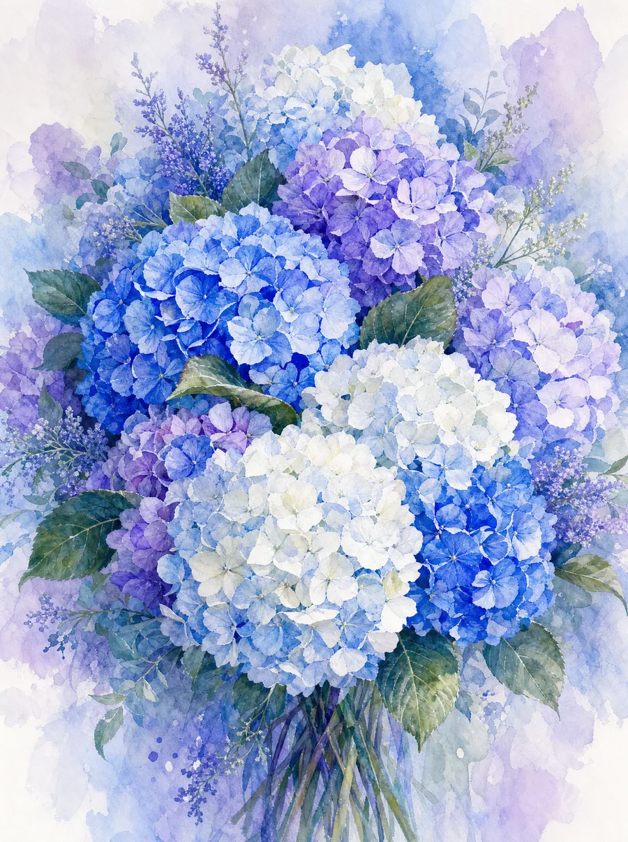 Hortensia, kimppu akvarelli