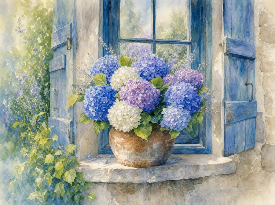 Hortensia, kimppu sommittelu akvarelli