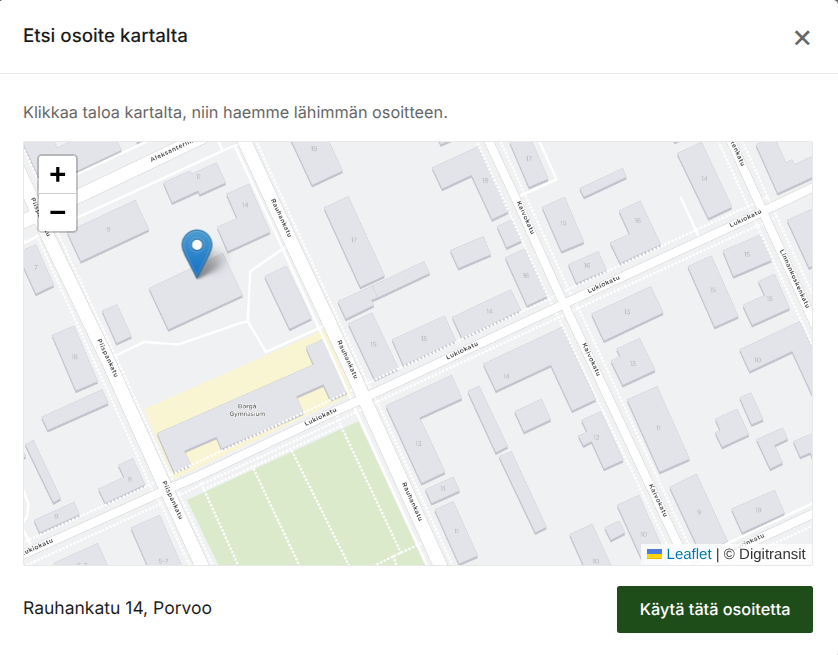 Osoitteen valinta kartalta — klikkaa taloa niin haemme lähimmän osoitteen